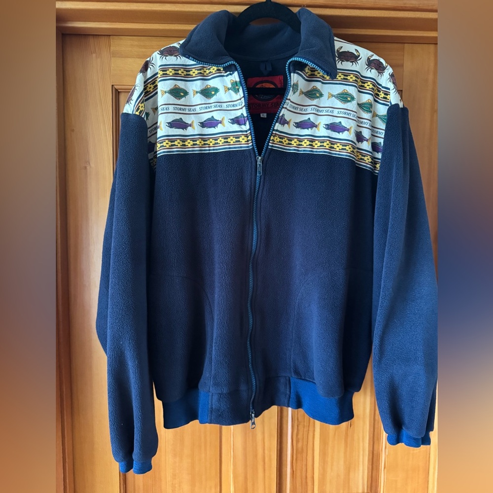 Stormy Seas Navy Blue Zip-Up Jacket with Patterned Collar